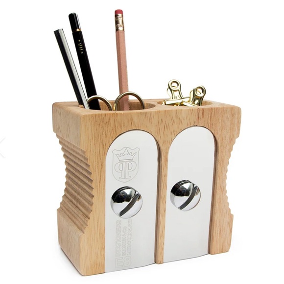 SuckUK Double Sharpener Desk Tidy Cup Pencil Gift Back to School Light Wood Cult - Picture 1 of 6